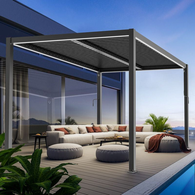 Kerti pavilon modern teraszon, lamellás tetővel és kültéri ülőgarnitúrával - Homelux, 5905610251185