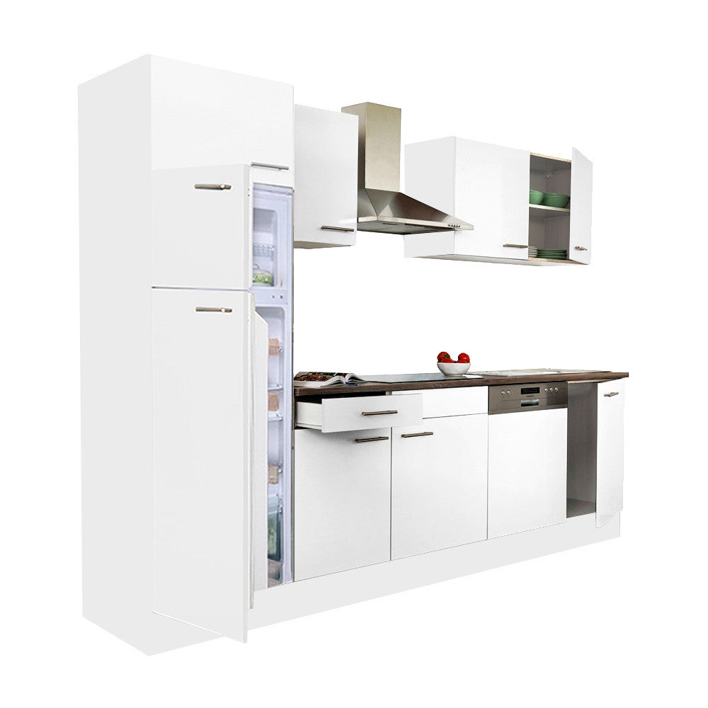 Konyhabútor, 280 cm széles fehér konyhabútor felülfagyasztós hűtőszekrénnyel - Homelux, L280FHFH-FF