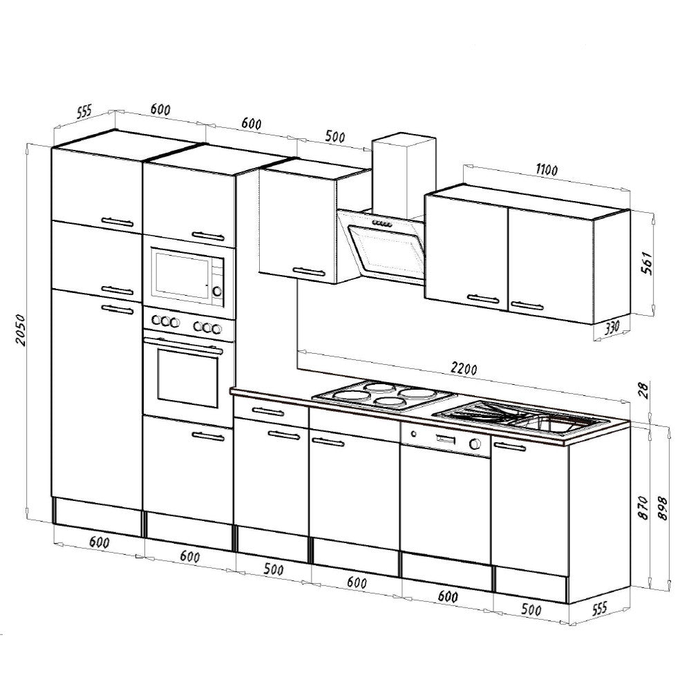 Konyhabútor méretábra 2050 mm magas felső szekrényekkel és 2200 mm széles munkalappal - Homelux, L340YFH