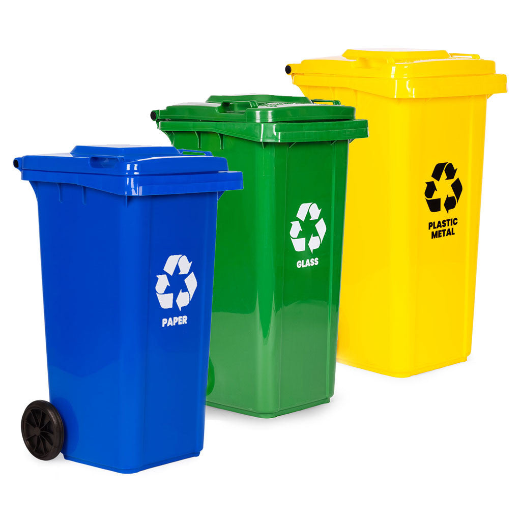 Set coș de gunoi 3x120L albastru, verde, galben cu roți de cauciuc Imagine secundară a produsului