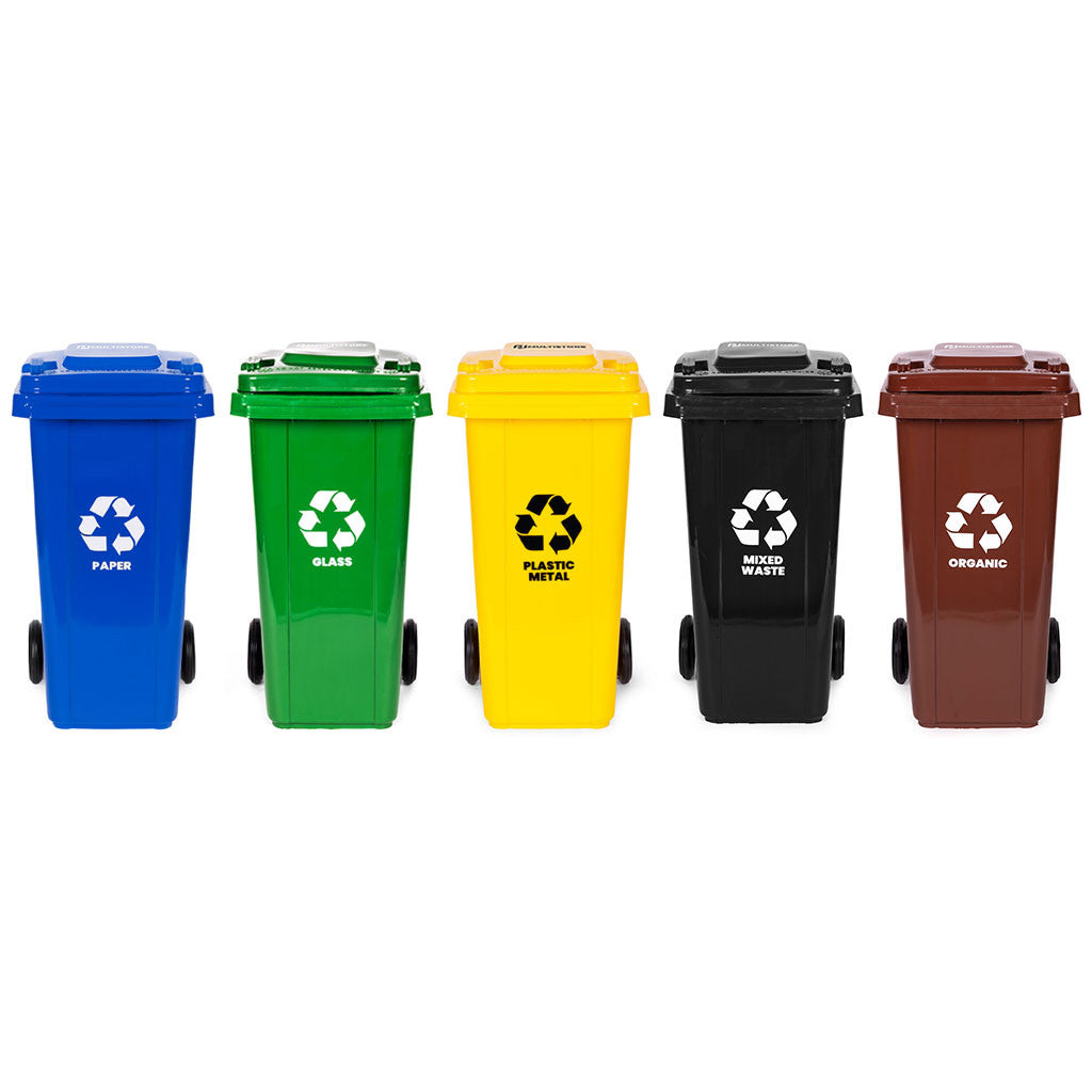 Set coș de gunoi 5x120L cu roți din cauciuc albastru, verde, galben, negru, maro Imagine secundară a produsului