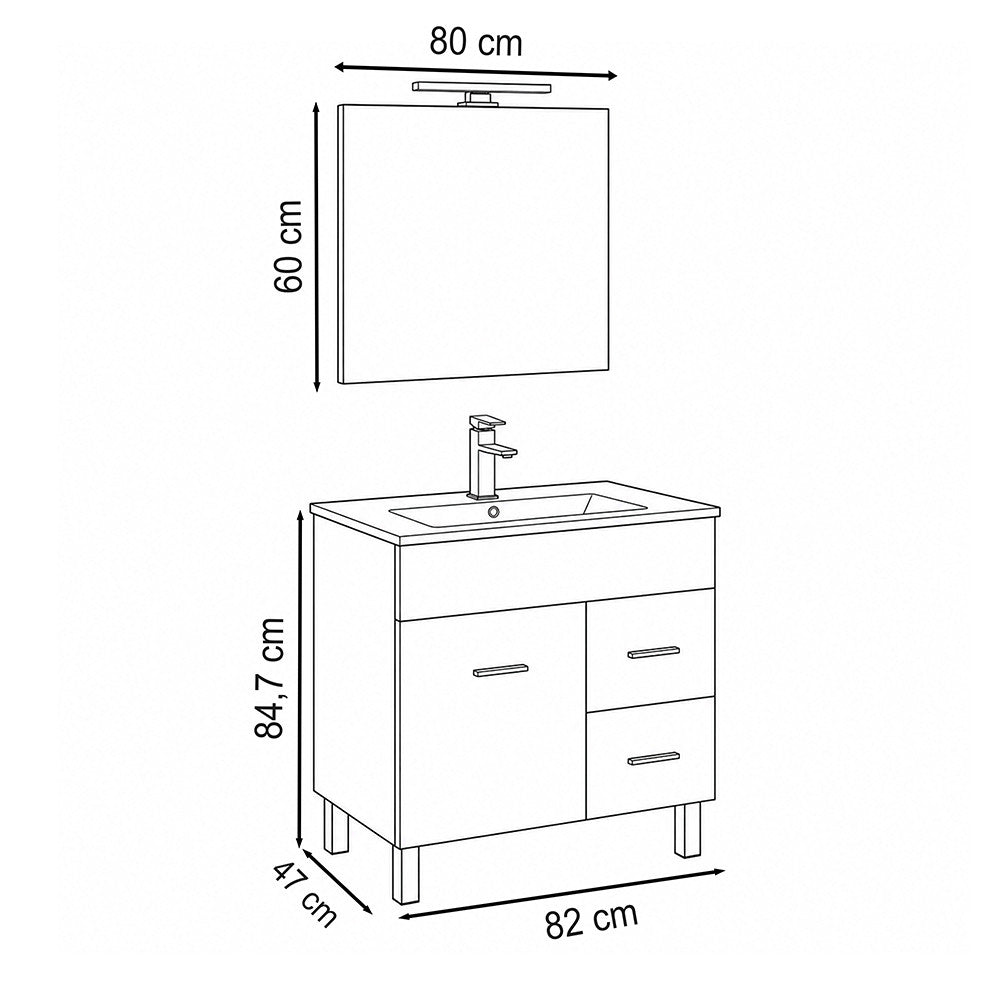 Komplett fürdőszobabútor méretábra 82 × 47 × 84,7 cm, a tükör mérete 80 × 60 cm - Homelux, NEOPR80FST