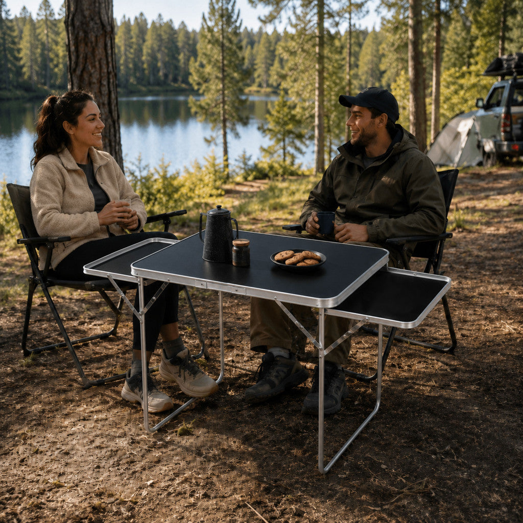 Masă pliabilă de camping cu design tip valiză, 120x60 cm, cu 2 rafturi, negru Imagine secundară a produsului