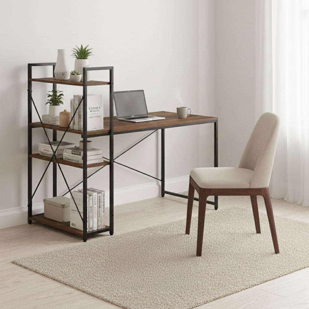 Birou 120x60 cm, cu 3 rafturi, din lemn de nuc de culoare închisă, stil loft Imagine secundară a produsului
