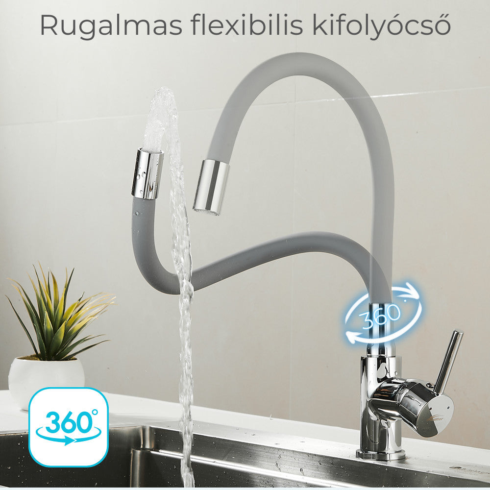 Robinet mixer pentru chiuvetă cu piedestal Corin cu gura de scurgere flexibilă gri Imagine secundară a produsului